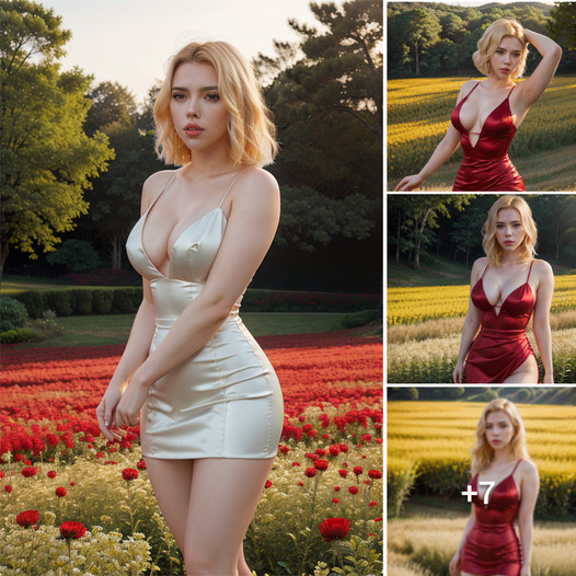 Glowing Grace: Scarlett Johansson Stuns in Crimson Silk Amid a Sea of Blooms.